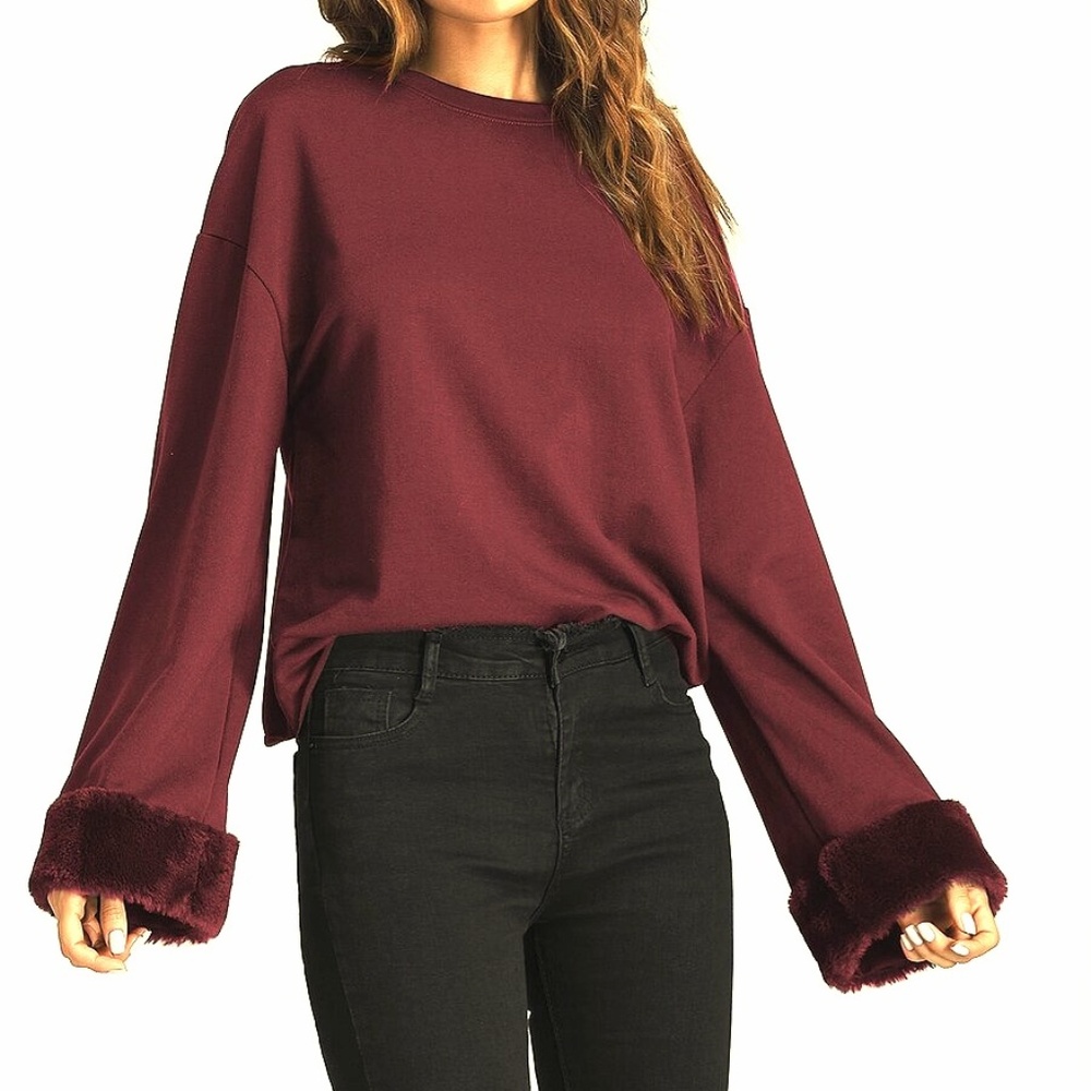 Faux Fur Cuff Burgundy Crew Neck Top